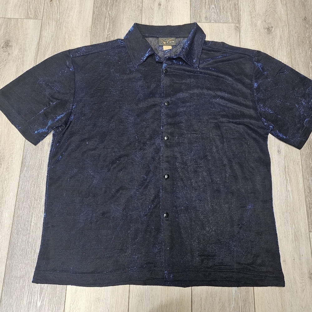 Pop Icon Vintage Y2K Shiny Mesh Sheer Button Up Shirt Blue Men's Large Retro
